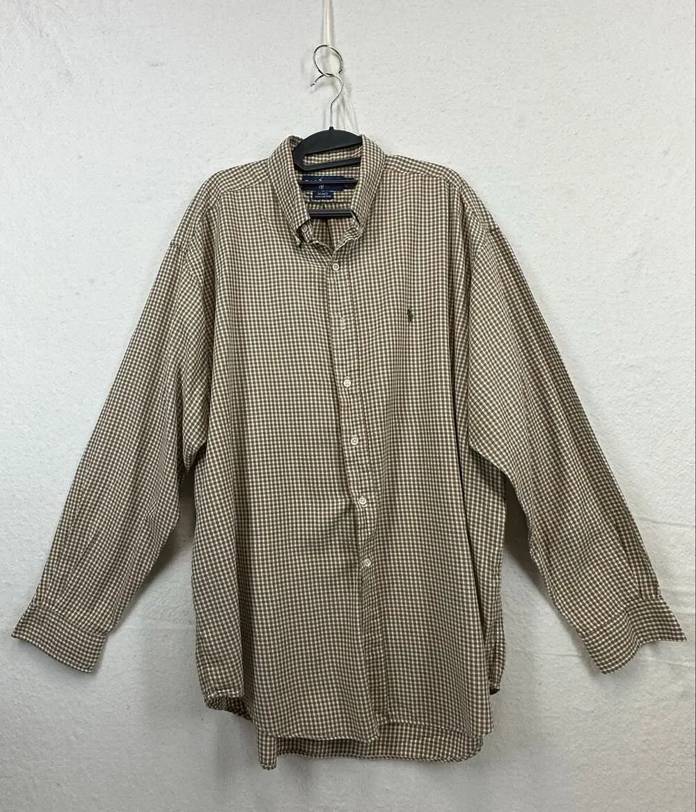Ralph Lauren Blake 100% Cotton Button-Down Shirt SZ XL Tan Plaid Heritage Style